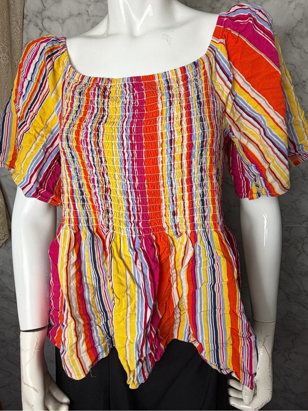 Smocked Flowy Top Large Multicolor Stripe Short Sleeve Square Neck Boho L Bright